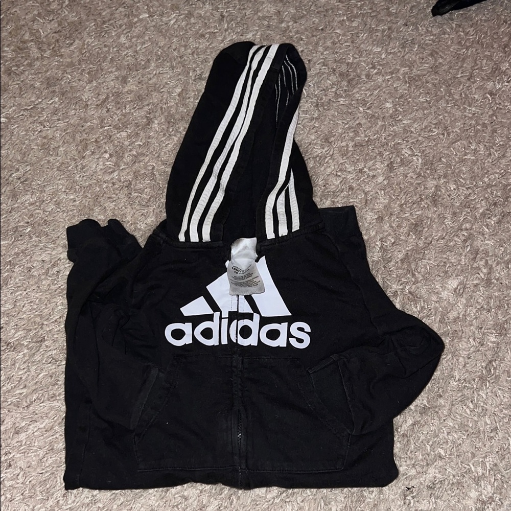 Adidas Black Zip-Up onesie with White Logo and Stripes